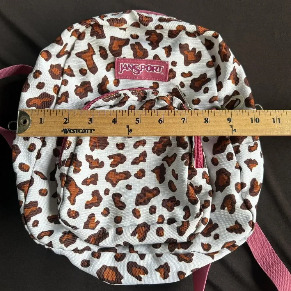 JanSport‎ Mini Backpack Leopard Animal Print White Brown Pink Trim Zip Pocket